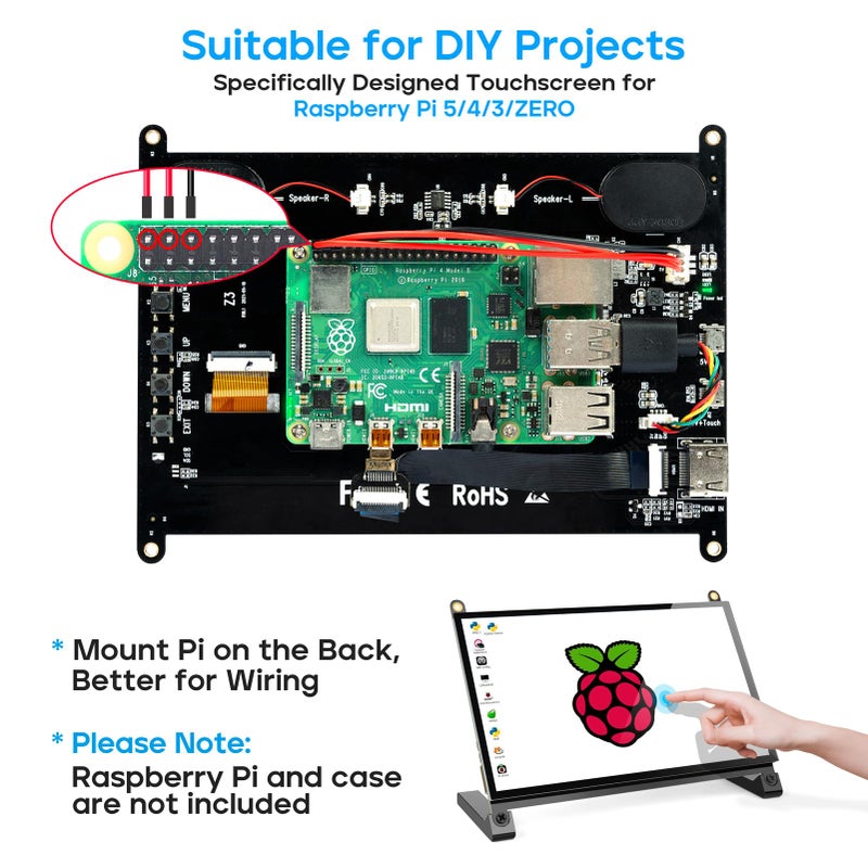 ROADOM 7â€™â€™ Raspberry Pi Screen, IPS1024Ã—600,Responsive Smooth Touch,Dual Built-in Speakers,HDMI Input,Compatible with Raspberry Pi 5/4/3,Driver Free - Image 2